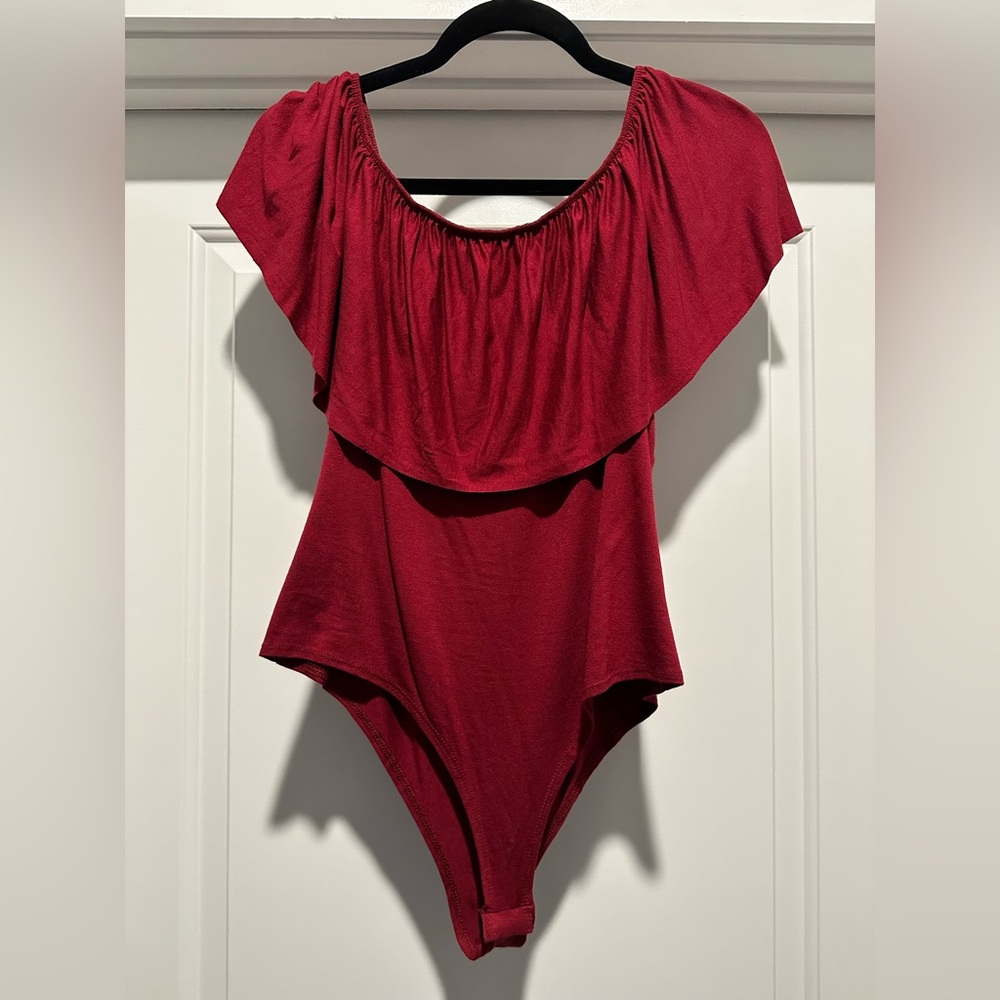 Off the shoulder red bodysuit